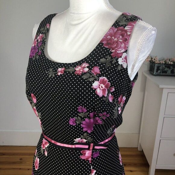 Vtg 90s Y2K K Petite Chiffon Black Polka Dot Dress 6P Pink Floral A Line Flirty - Picture 6 of 12